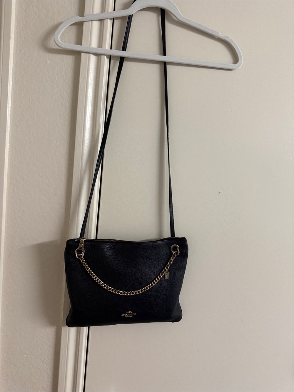 Coach Black Leather Crossbody with Gold Chain Accent